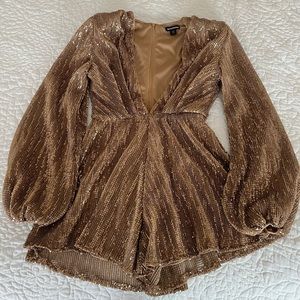Pretty Little Thing Bronze Sequin Balloon Sleeve Plunge Romper